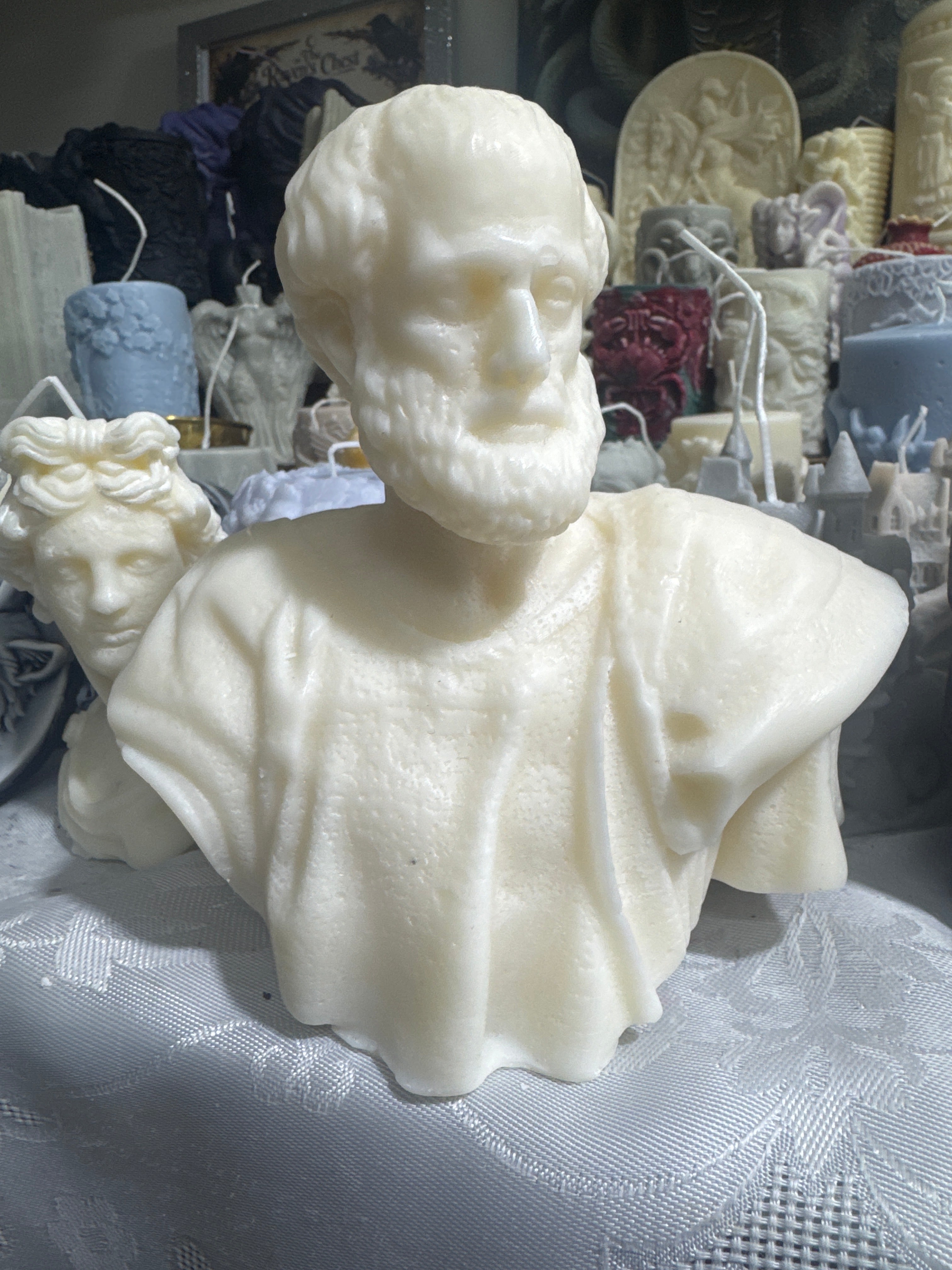 Large Themis angel of justice and Aristotle the philosopher