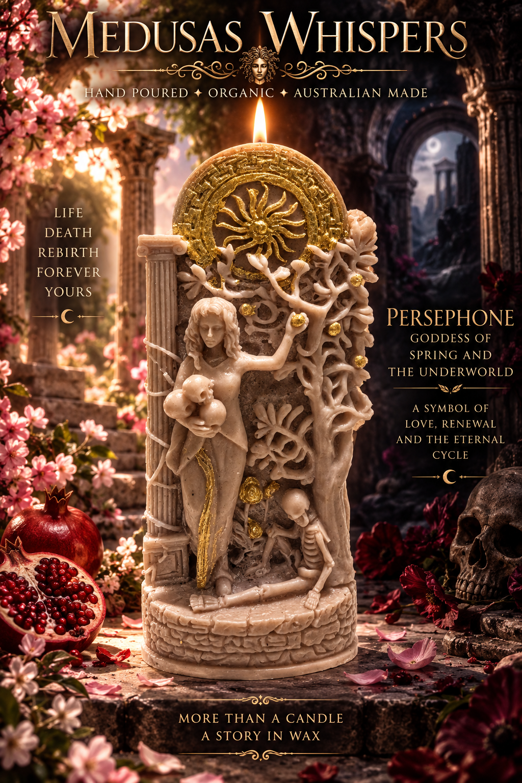 Athena , Hades and Persephone, greek soldier statue candle and Persephone