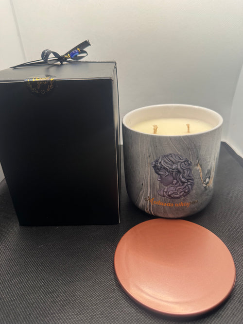 Large 500 gram candles in marble look jar.